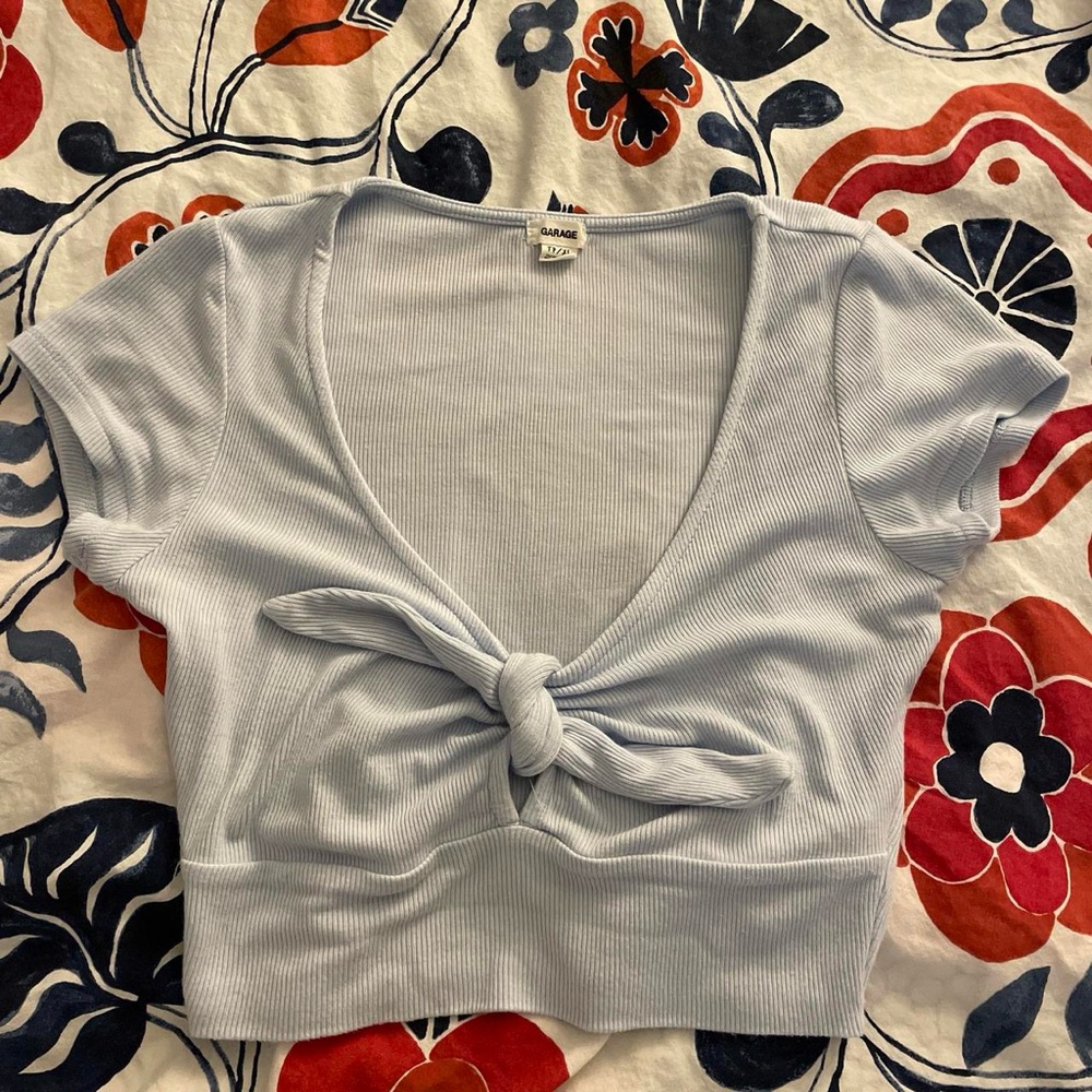 Garage Light Blue Ribbed Tie-Front Crop Top